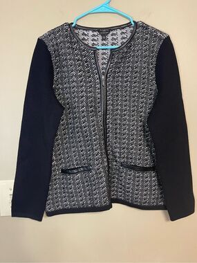 Talbots Pure Italian Merino Wool Zip Sweater Black White Petite Large